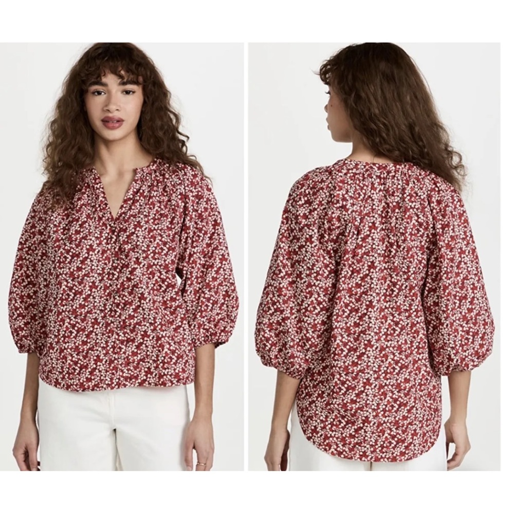 Apiece Apart Red and White Floral V-Neck Blouse